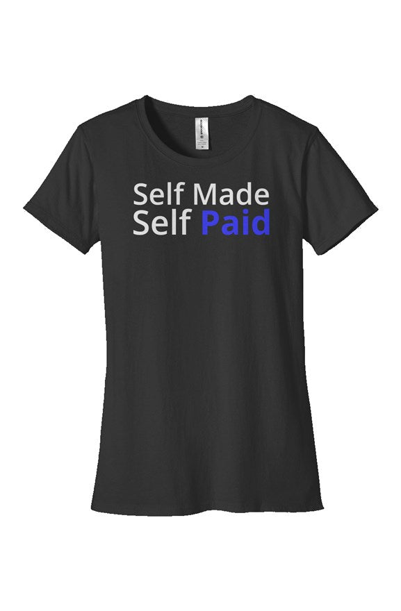 "Self Made Self Paid" Womens Classic T Shirt in White & Blue Lettering